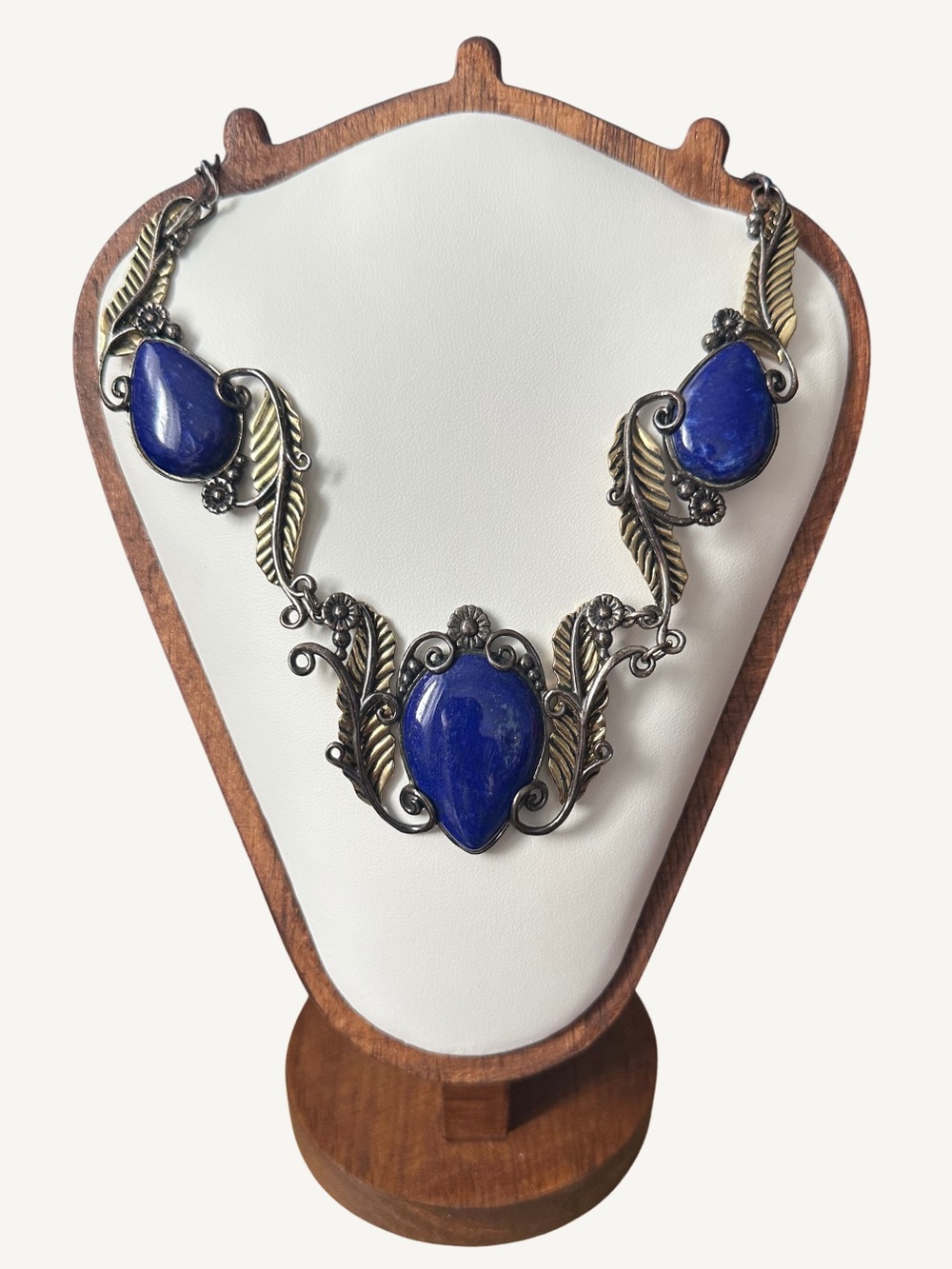 Sterling Silver Lapis Lazuli Statement Necklace w/ Brass Accents